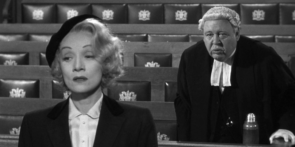 Charles Loughton and Marlene Dietrich star in Witness for the Prosecution