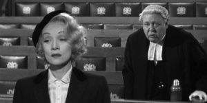 Charles Loughton and Marlene Dietrich star in Witness for the Prosecution